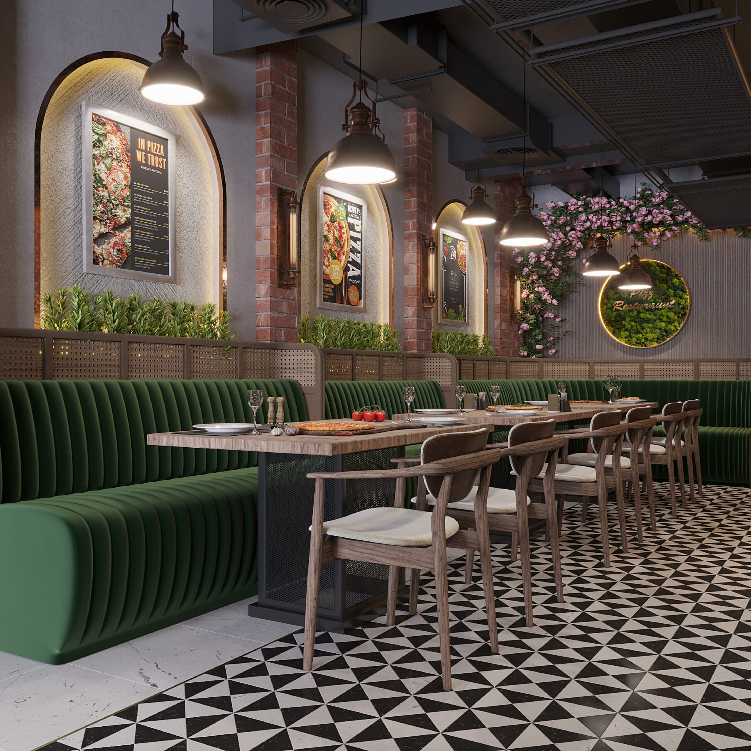 interior design for an Italian pizza restaurant with an area of 140 m² in Türkiye in 2023