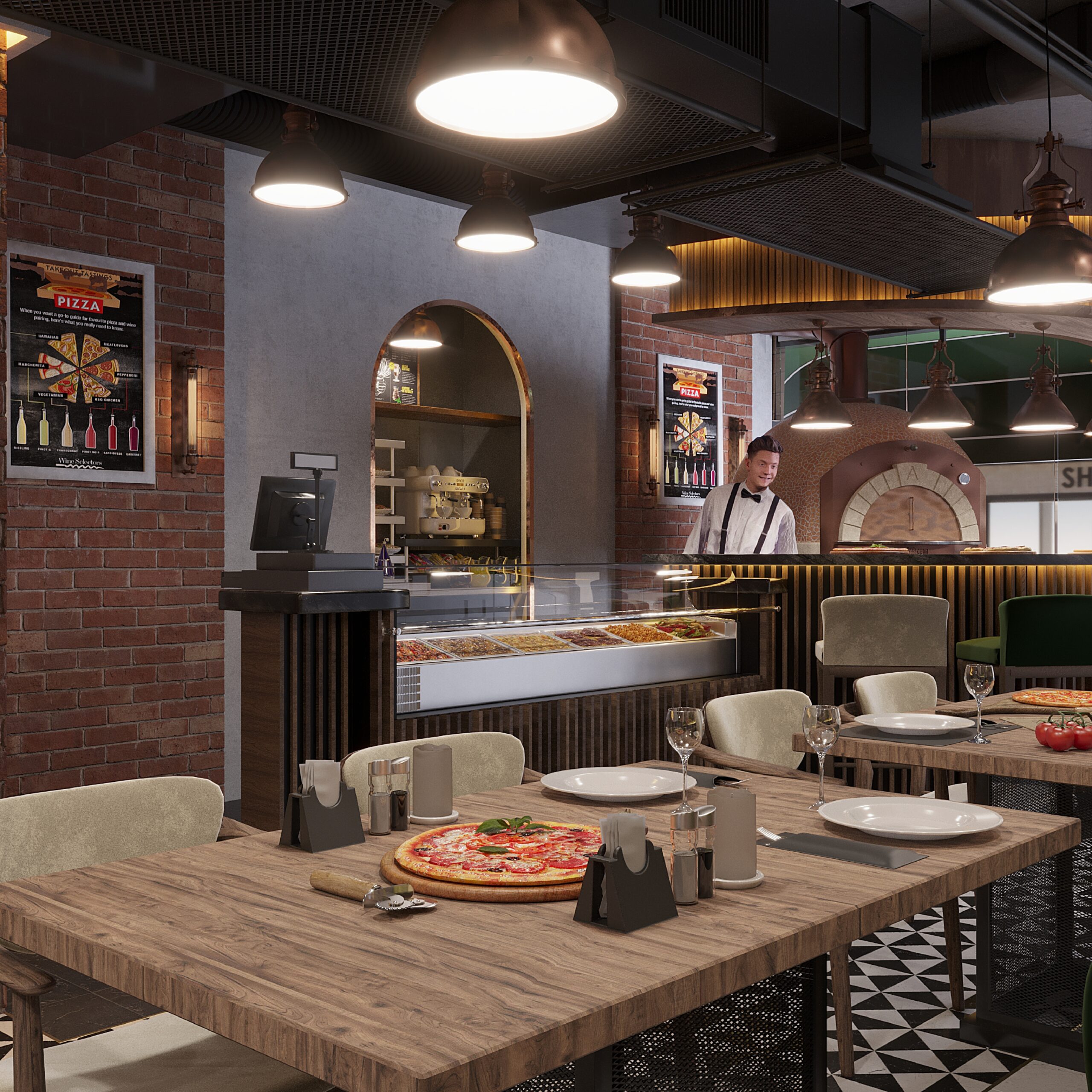 interior design for an Italian pizza restaurant with an area of 140 m² in Türkiye in 2023